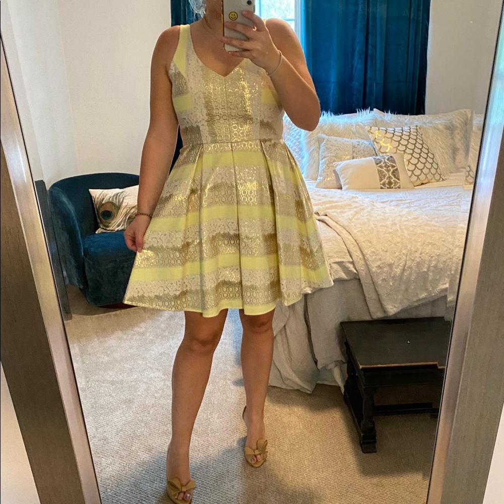 ABS yellow and metallic gold cocktail dress